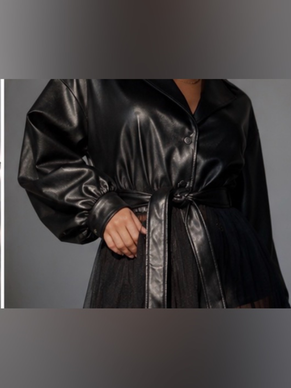 AKIRA Faux Leather & Sheer Chiffon Trench Coat Dress Black Sz S Edgy Gothic - Picture 6 of 12